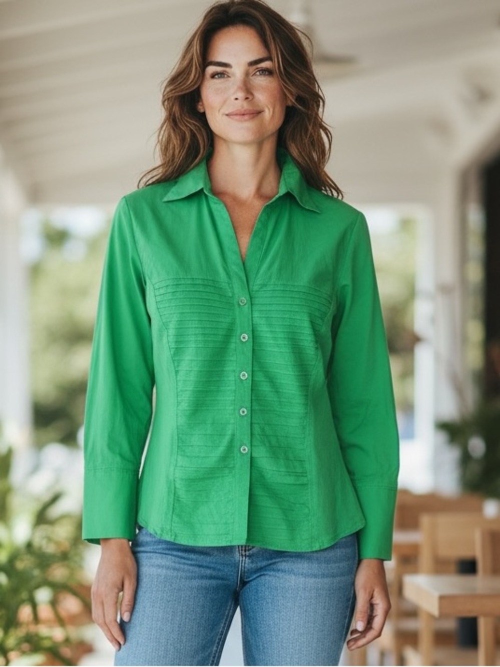 Vibrant Kelly Green Zac & Rachel PL Pleated Button Down Top Office Wear